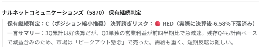 Claude Opus 4.6によるナルネットコミュニケーションズ（5870）の保有継続判定結果。判定C（ポジション縮小推奨）、決算跨ぎリスクRED