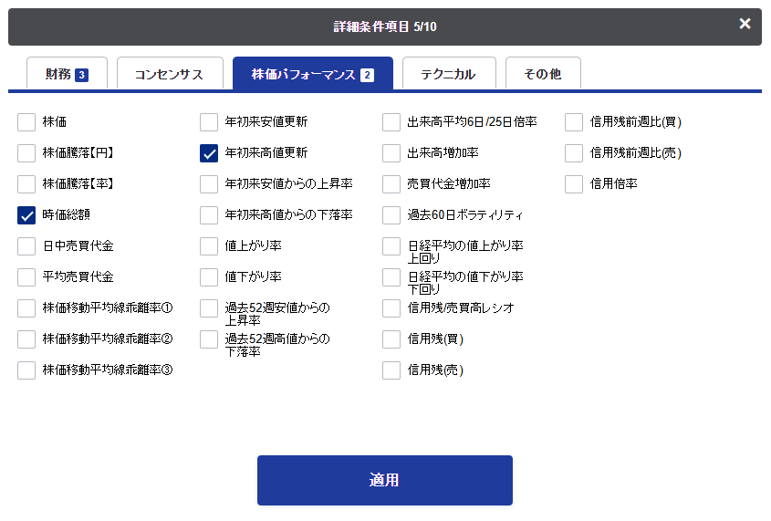 株式スクリーニングツールの設定画面のスクリーンショット。「株価パフォーマンス」タブが選択されており、時価総額と年初来高値更新のチェックボックスにチェックが入っている。画面下部には「適用」ボタンがある。