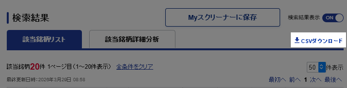 SBI証券の銘柄スクリーニング結果画面。「該当銘柄リスト」タブの右側に「CSVダウンロード」ボタンが表示されている