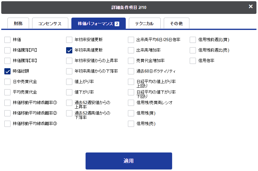 SBI証券の銘柄スクリーニングで時価総額と年初来高値更新を選択している画面