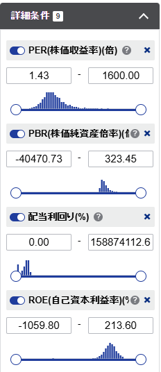 SBI証券のスクリーニング条件画面。PER、PBR、配当利回り、ROEを参考指標として設定している。