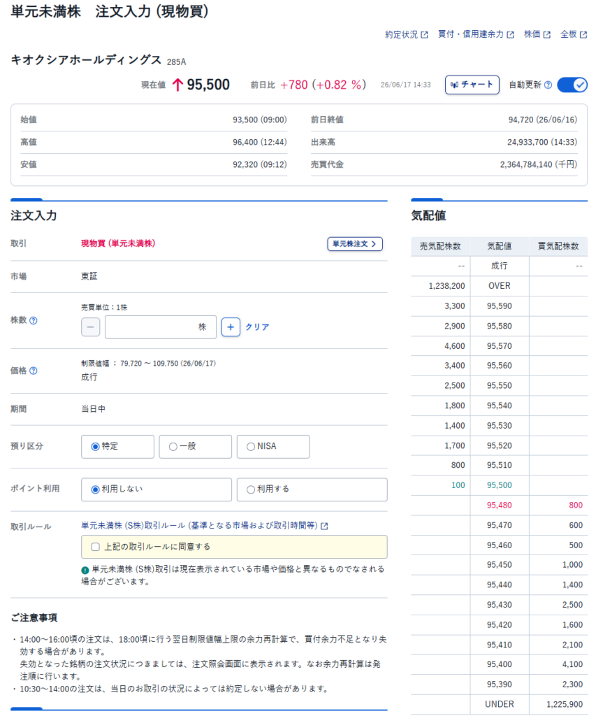 SBI証券のS株でキオクシアを単元未満株として注文する画面